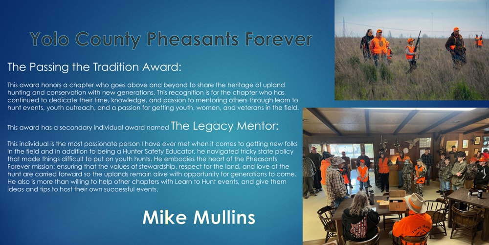 Mike Mullins with Pheasants Forever Yolo County chapter members at the Passing the Tradition Award event
